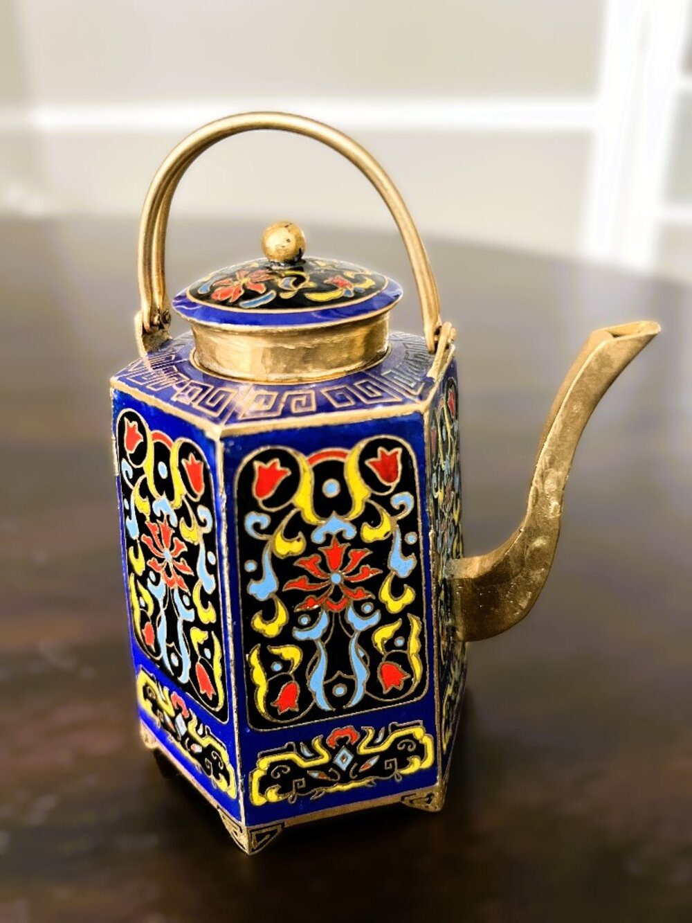 Vintage Mid-Century Hexagonal Cloisonne Miniature Teapot Lotus Blossoms w/Handle